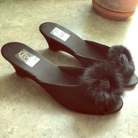 kitten heel satin slippers with rabbit fur - Picture 1 of 4